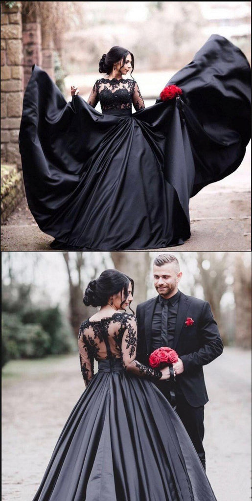 Black Long Sleeves Lace Elegant Modest Prom Dress, A-Line Ball Gown Weding dresses, WD0299 - SposaBridal