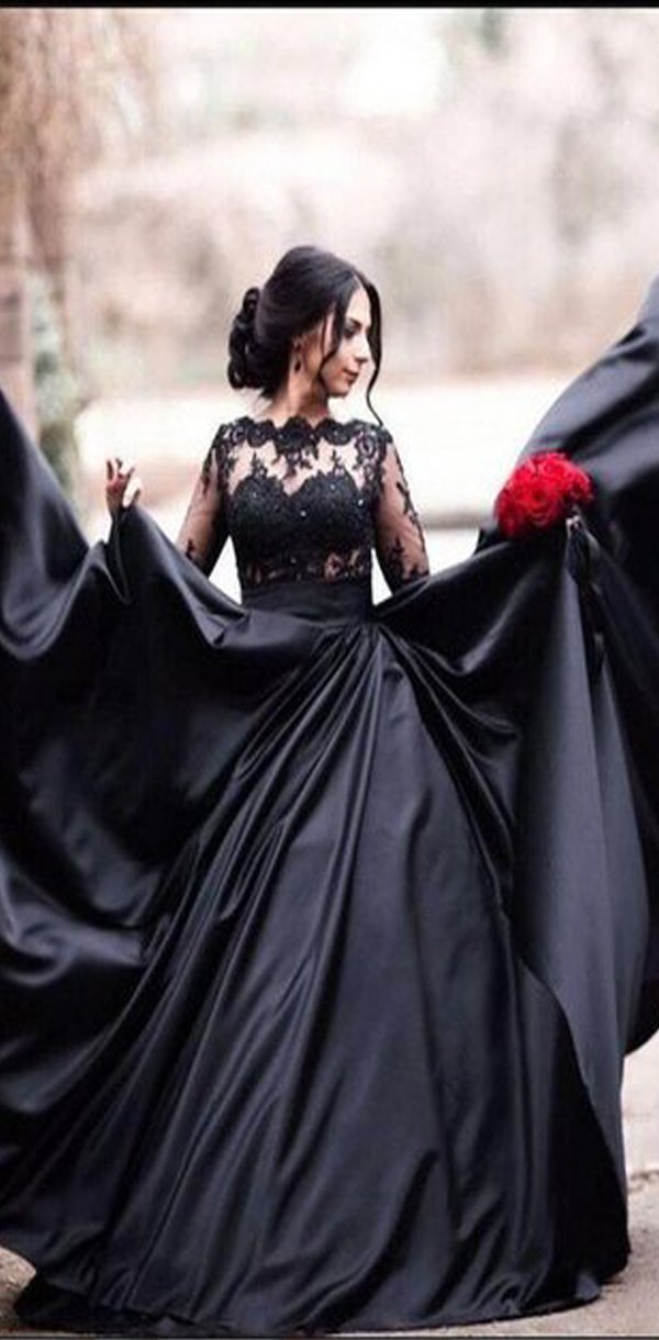Charming Strapless Slit Beaded Black Prom Dress With Lace Sleeves |  Ballbellas