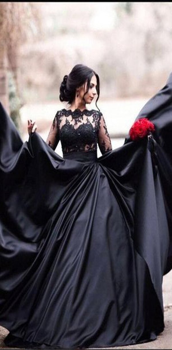 Black Long Sleeves Lace Elegant Modest Prom Dress, A-Line Ball Gown We SposaBridal Black Long Sleeves Lace Elegant Modest Prom Dress, A-Line Ball Gown We SposaBridal