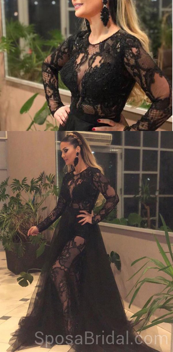 Black Long Sleeves Lace Tulle Modest Hot Sexy Elegant Long Prom Dresse SposaBridal Black Long Sleeves Lace Tulle Modest Hot Sexy Elegant Long Prom Dresse SposaBridal