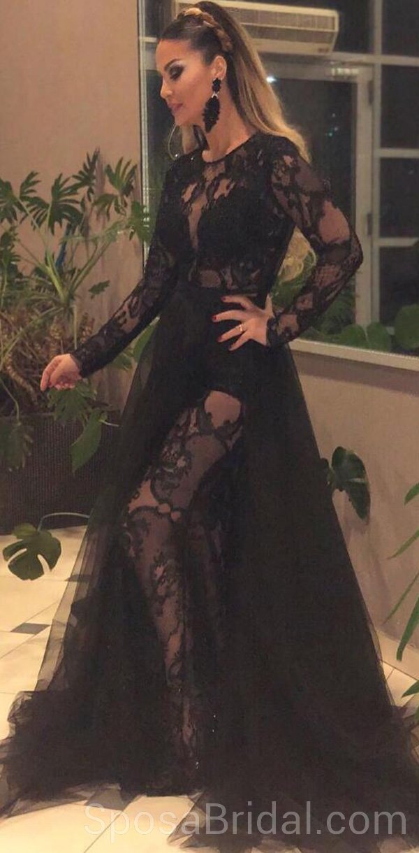 Black Long Sleeves Lace Tulle Modest Hot Sexy Elegant Long Prom Dresse SposaBridal Black Long Sleeves Lace Tulle Modest Hot Sexy Elegant Long Prom Dresse SposaBridal