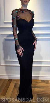 Black Mermaid Long Sleeves Elegant Formal Custom High Quality Prom Dresses , PD1144