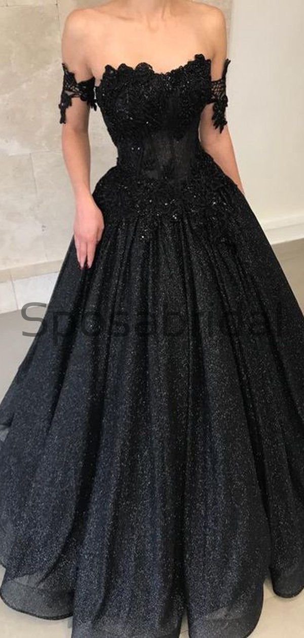 Black Off the Shoulder A-line Sparkly Sequin Elegant Modest Prom Dress