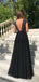 Black Sequin Chiffon Side Slit Cap Sleeves Unique Modest Long Elegant Prom Dresses, Prom Dress PD1826