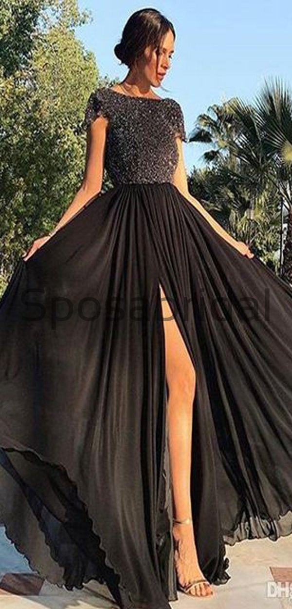 Black Sequin Chiffon Side Slit Cap Sleeves Unique Modest Long Elegant – SposaBridal