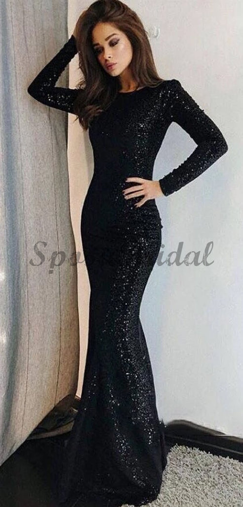 Black Sparkly Sequin Long Sleeves Mermaid Open Back Long Prom Dresses PD1436