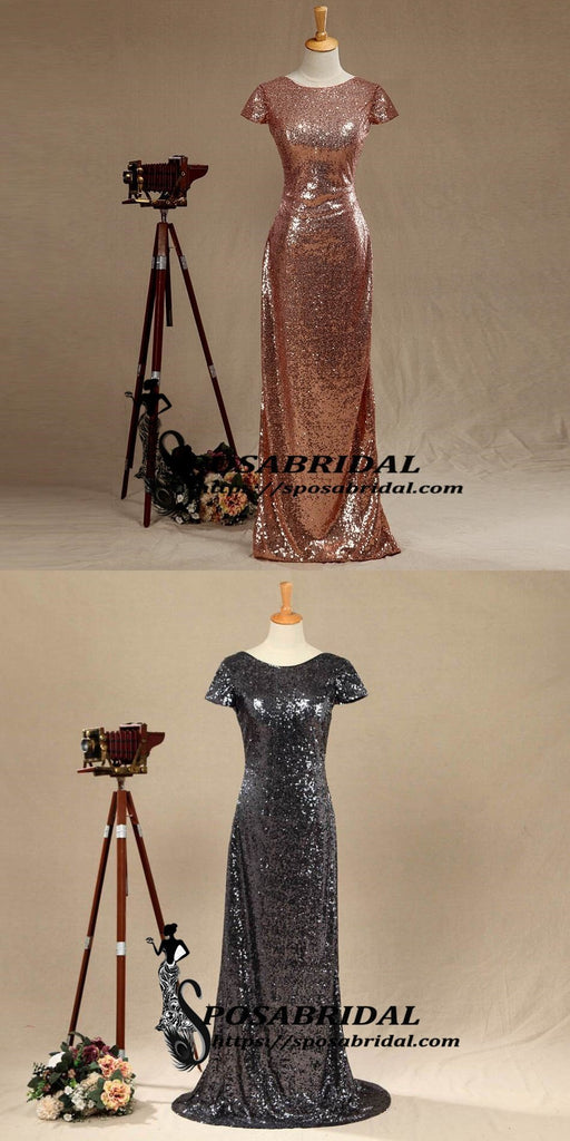 Black and Rose Gold Sequins Mermaid Cheap Sparkly Custom  Cowl Back Cap Sleeves Scoop Bridesmaid Dresses , WG294 - SposaBridal