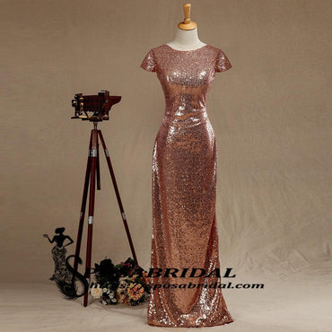 Black and Rose Gold Sequins Mermaid Cheap Sparkly Custom  Cowl Back Cap Sleeves Scoop Bridesmaid Dresses , WG294 - SposaBridal