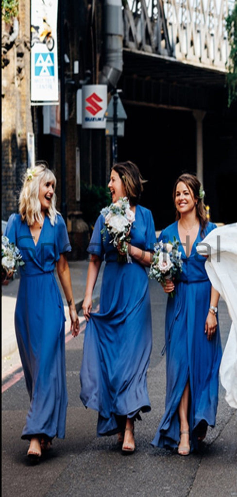 Blue Cheap Short Sleeves Beach Modest Bridesmaid Dresses WG793