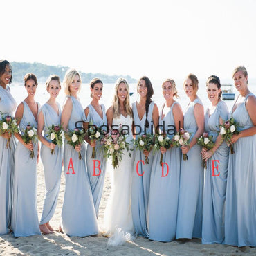 Blue Mismatched Jersey Simple Beach Long Bridesmaid Dresses WG806