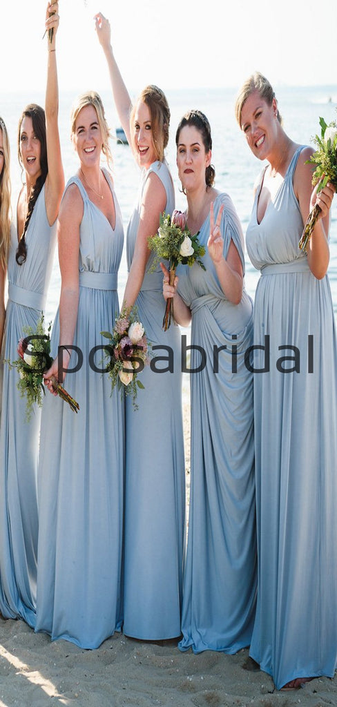 Blue Mismatched Jersey Simple Beach Long Bridesmaid Dresses WG806
