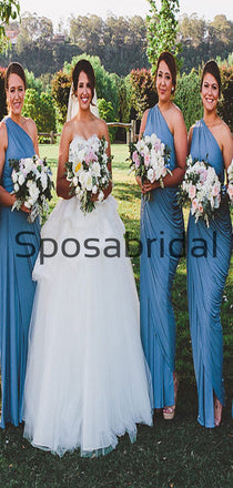Blue One Shoulder Jersey Simple Beach Long Bridesmaid Dresses WG808