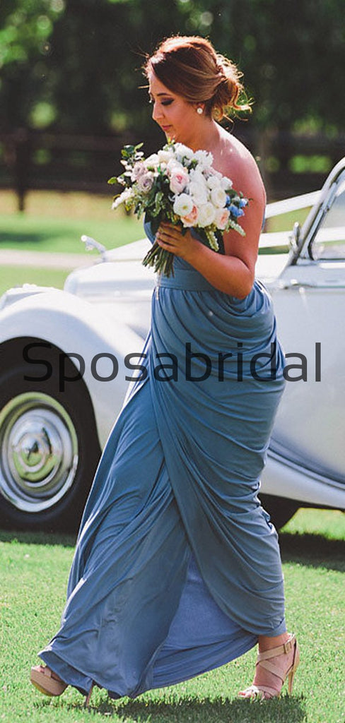 Blue One Shoulder Jersey Simple Beach Long Bridesmaid Dresses WG808