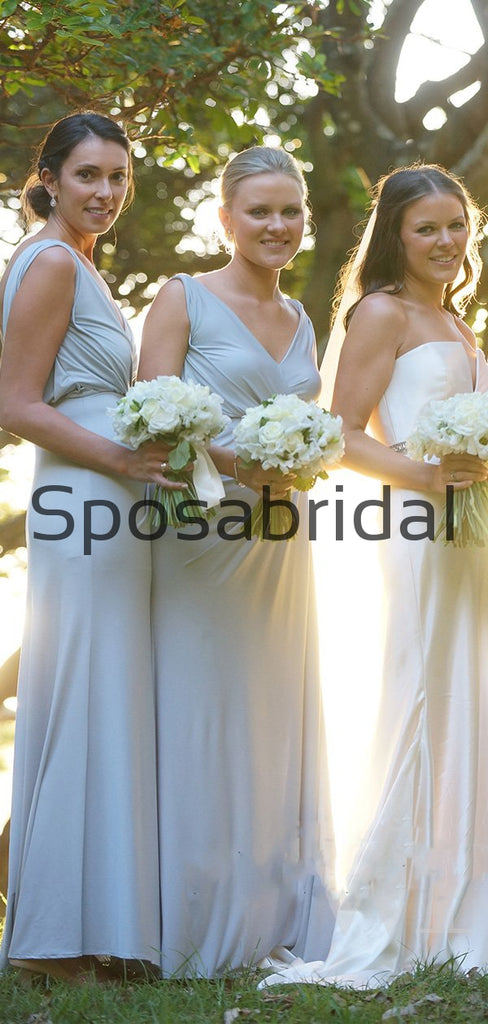 Blue V-neck Inexpensive Simple Beach Long Bridesmaid Dresses WG809