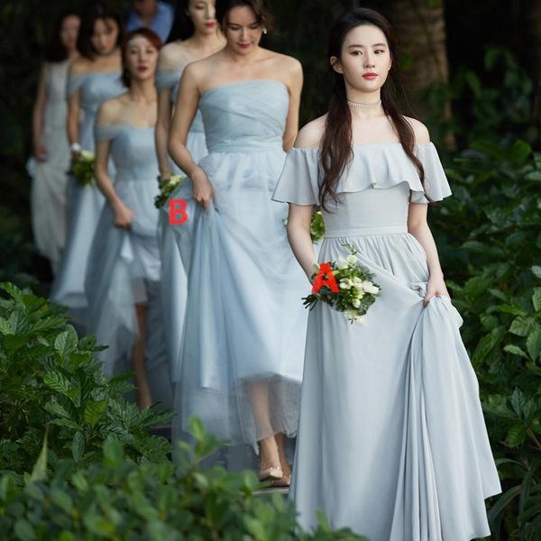 Blue A-Line Chiffon Off Shoulder Simple Soft Cheap Bridesmaid Dresses, SposaBridal Blue A-Line Chiffon Off Shoulder Simple Soft Cheap Bridesmaid Dresses, SposaBridal