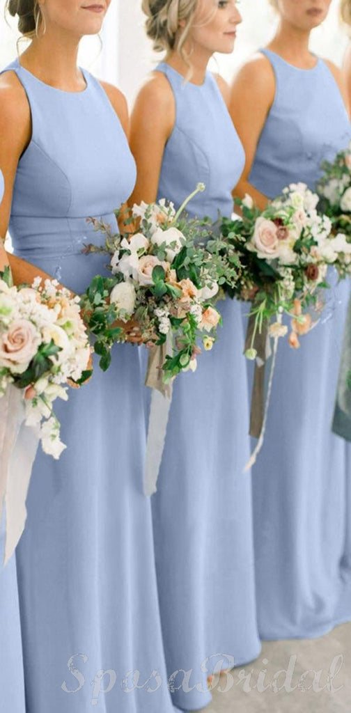 Blue Custom Cheap Simple Jewel Neckline Floor-length Sheath  Bridesmaid Dresses  WG585