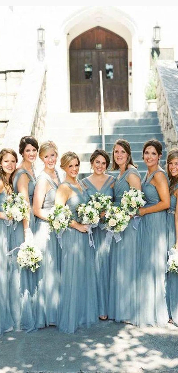 Blue Grey Cheap Long Tulle Mismatched Convertible Bridesmaid Dresses, SposaBridal Blue Grey Cheap Long Tulle Mismatched Convertible Bridesmaid Dresses, SposaBridal