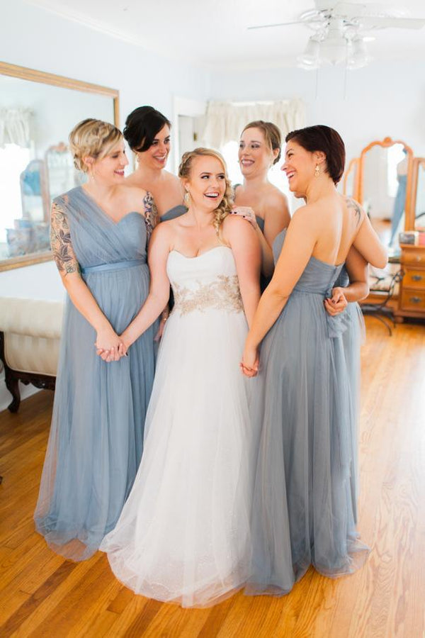 Blue Grey Cheap Long Tulle Mismatched Convertible Bridesmaid Dresses, SposaBridal Blue Grey Cheap Long Tulle Mismatched Convertible Bridesmaid Dresses, SposaBridal