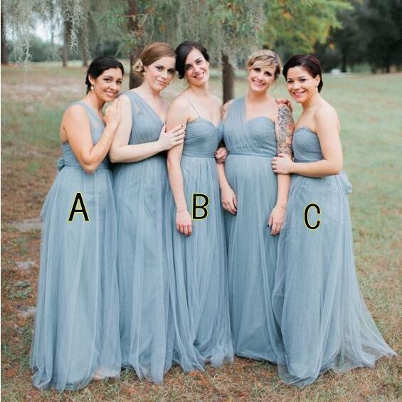 Blue Grey Cheap Long Tulle Mismatched Convertible Bridesmaid Dresses, SposaBridal Blue Grey Cheap Long Tulle Mismatched Convertible Bridesmaid Dresses, SposaBridal