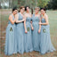 Blue Grey Cheap Long Tulle Mismatched Convertible Bridesmaid Dresses, WG250