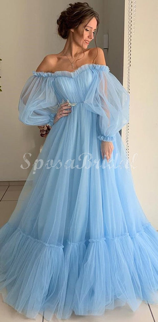 Blue Pink Tulle Off the Shoulder A-line Long Sleeves Fashion Unique Prom Dresses PD1410