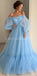 Blue Pink Tulle Off the Shoulder A-line Long Sleeves Fashion Unique Prom Dresses PD1410