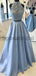 Blue Two Pieces Lace Satin A-line High Neck Long Modest Prom Dresses, Prom Dress PD1828