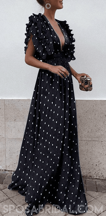 Boho Black Blue Red Sexy V Neck A-line  Unique Design Wave Point Evening Maxi Prom Dresses,PD1099