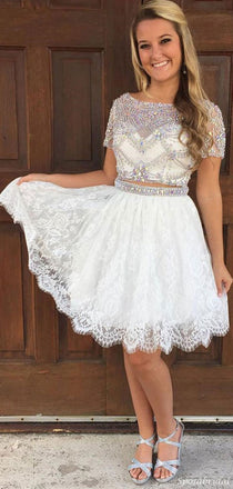 Cap Sleeves Rhinestone Two Pieces Short Homecoming Dresses 2018, CM503