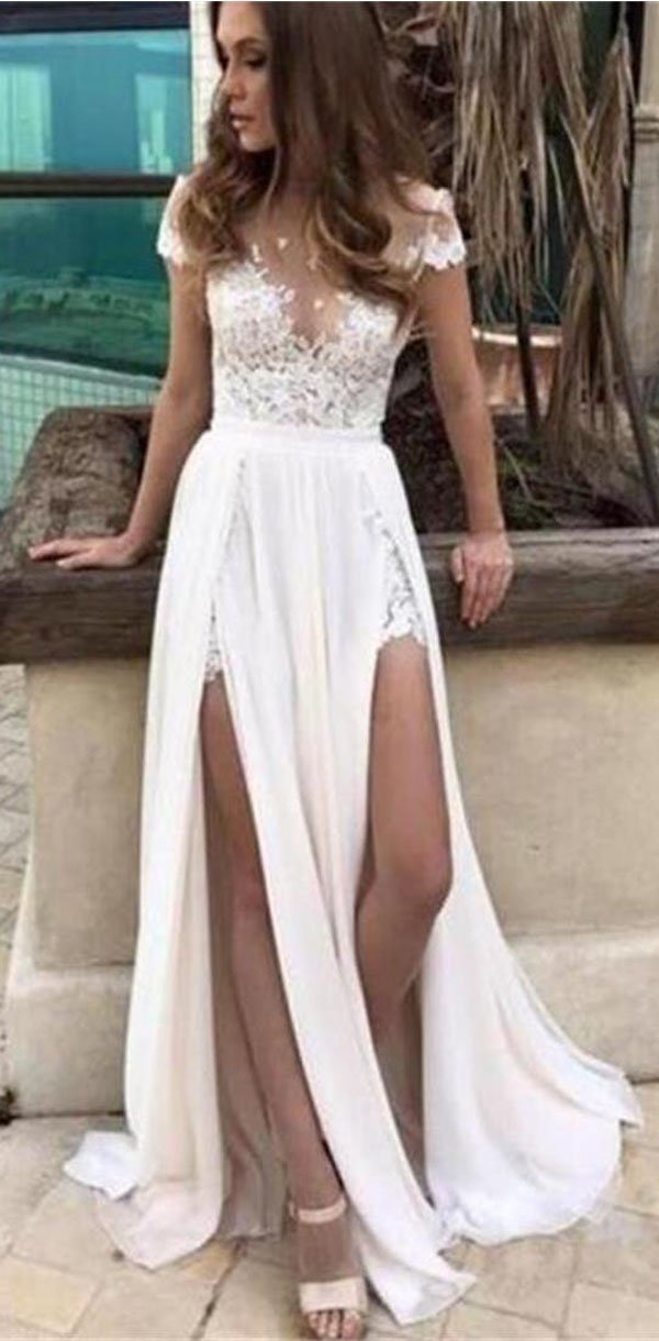 inexpensive long white dresses Cap Sleeves Simple Slit Most Popular Lace Chiffon Inexpensive Wedding – SposaBridal