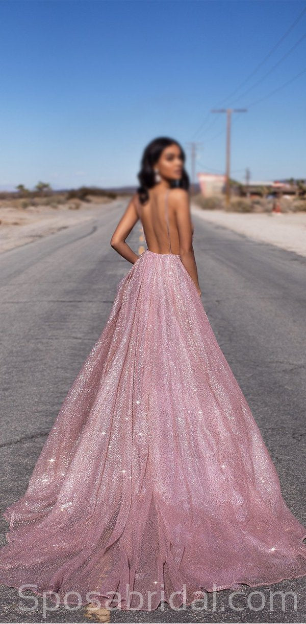 A-line Sequin Spaghetti Straps Rose Gold Long Prom Dresses, Fashion Mo – SposaBridal