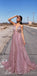 A-line Sequin Spaghetti Straps Rose Gold Long Prom Dresses, Fashion Modest Prom Dress, PD1367