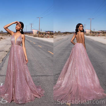 A-line Sequin Spaghetti Straps Rose Gold Long Prom Dresses, Fashion Modest Prom Dress, PD1367