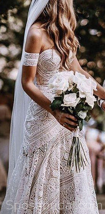 Chamring Unique Full Lace Beach Wedding Dresses, Romantic Elegant Wedding Gown, WD0352