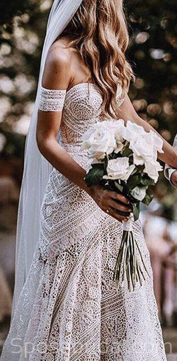 Chamring Unique Full Lace Beach Wedding Dresses, Romantic Elegant Wedd