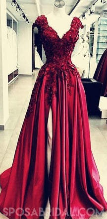Chamring Split Side Floor Length V-Neck Burgundy Prom Dresses with Appliques Flower ,PD1101