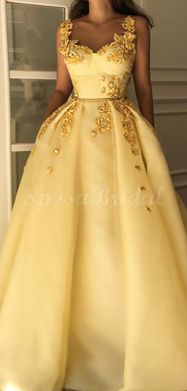 Elegant Baby Yellow A-line Floral Long Prom Dress, Ball Gown, PD1420 SposaBridal Elegant Baby Yellow A-line Floral Long Prom Dress, Ball Gown, PD1420 SposaBridal