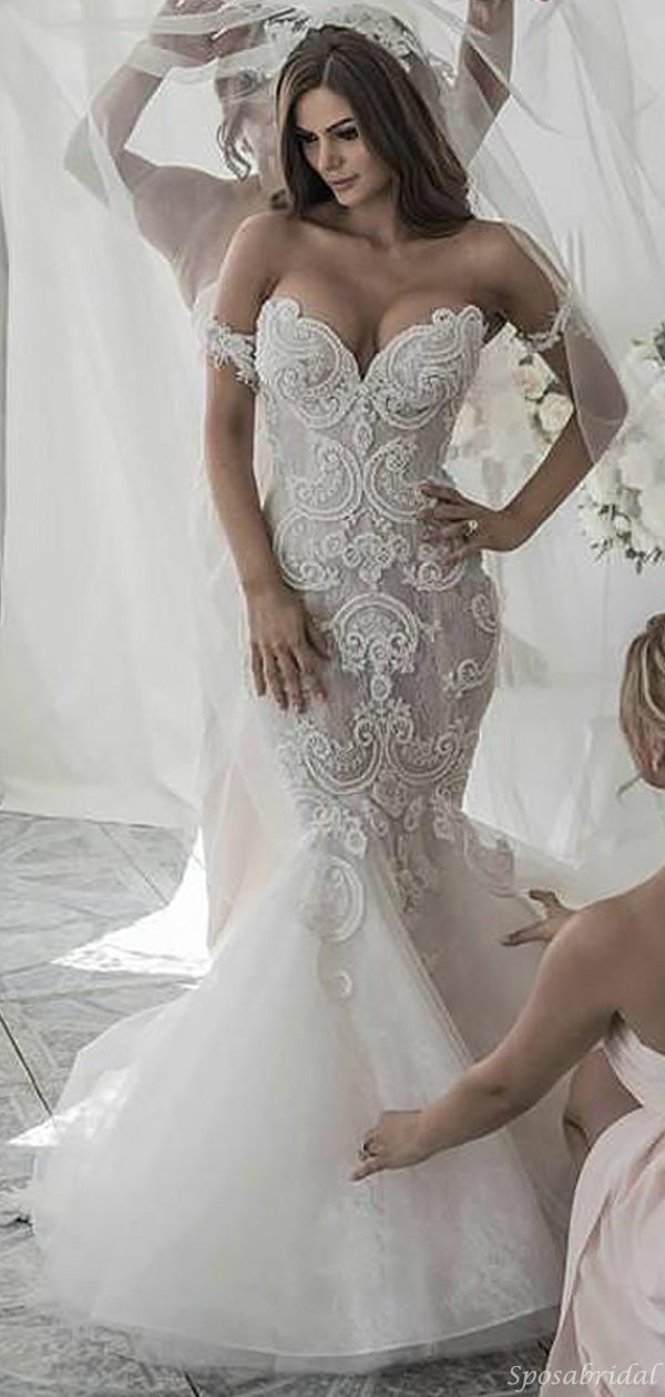 Charming Boho Off-shoulder Lace Mermaid Sweetheart Long Wedding Dress, – SposaBridal Charming Boho Off-shoulder Lace Mermaid Sweetheart Long Wedding Dress, – SposaBridal