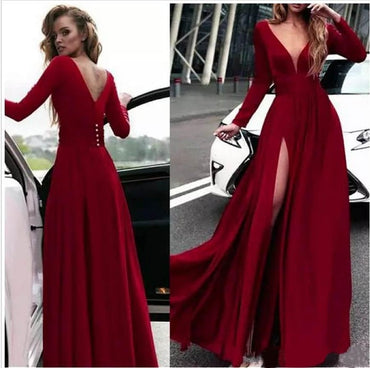 Charming Cheap Burgundy Long-sleeve Simple Long Prom Dresses, PD0948
