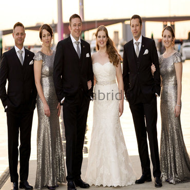 Charming Gray Sequin Mermaid Cap Sleeves Modest Bridesmaid Dresses WG795