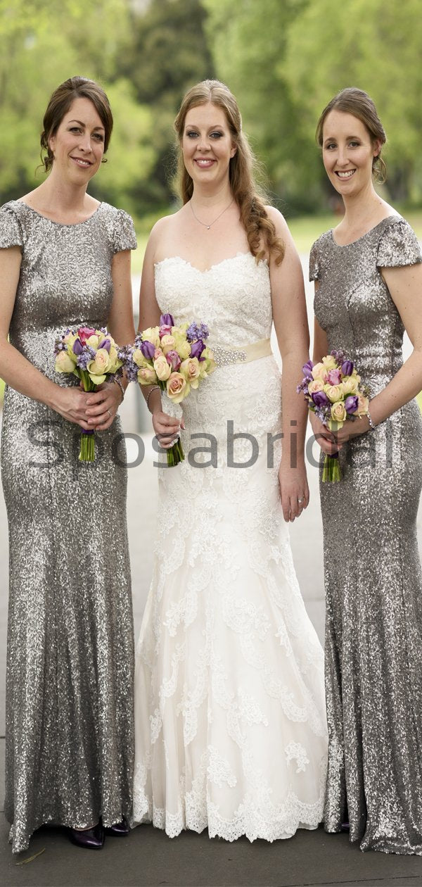 Charming Gray Sequin Mermaid Cap Sleeves Modest Bridesmaid Dresses WG7 SposaBridal Charming Gray Sequin Mermaid Cap Sleeves Modest Bridesmaid Dresses WG7 SposaBridal