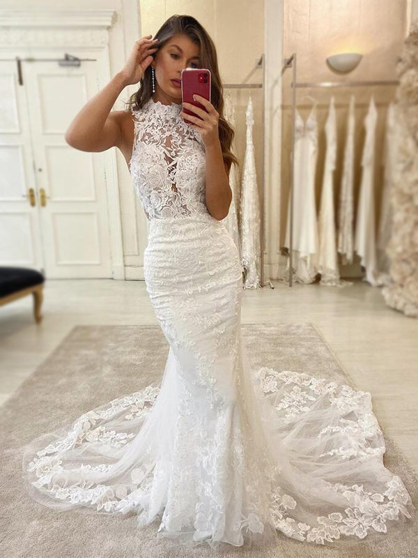 Charming Mermaid High Neck Lace Vintage Modest Wedding Dresses WD0422 SposaBridal Charming Mermaid High Neck Lace Vintage Modest Wedding Dresses WD0422 SposaBridal