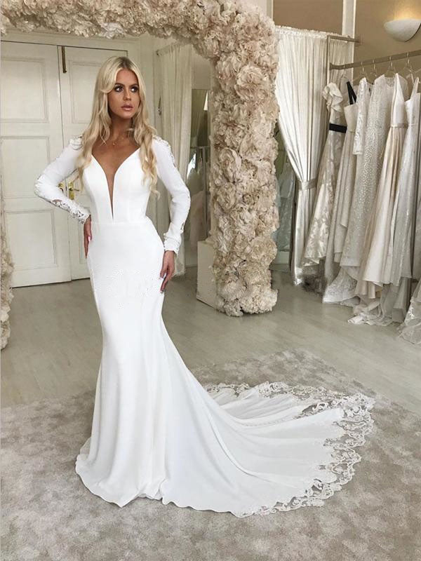 Charming Mermaid V-neck Long Sleeves Elegant Modest Wedding Dresses, W SposaBridal Charming Mermaid V-neck Long Sleeves Elegant Modest Wedding Dresses, W SposaBridal