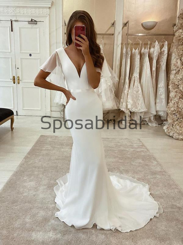 Charming Mermaid Satin Simple Wedding Dresses, Modest Prom Dresses WD0435