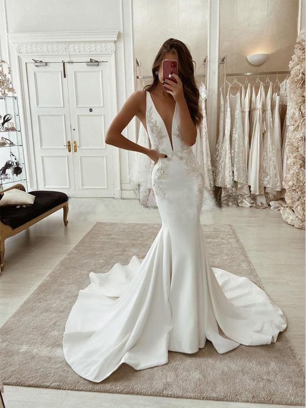 Charming Mermaid V-Neck Satin Simple Unique Lace Wedding Dresses WD044 – SposaBridal
