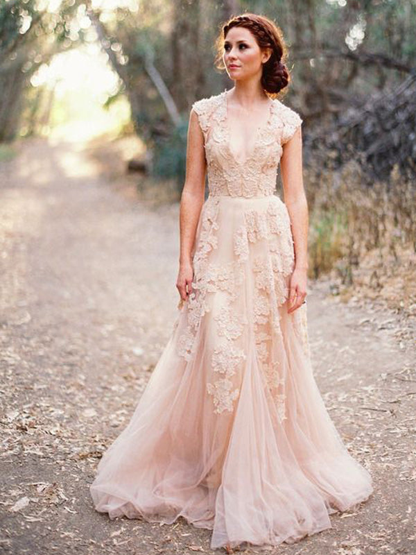 Charming Blush Pink Lace Sexy V-neck Long Sheath Tulle Wedding Party D SposaBridal Charming Blush Pink Lace Sexy V-neck Long Sheath Tulle Wedding Party D SposaBridal