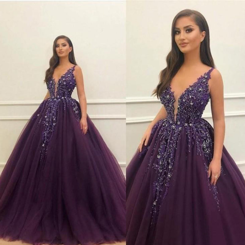 Charming Purple Tulle Sparkly Long Modest Prom Dresses, Ball Gown PD2124