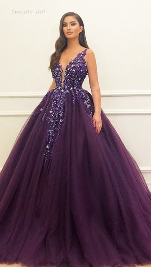 Charming Purple Tulle Sparkly Long Modest Prom Dresses, Ball Gown PD2124