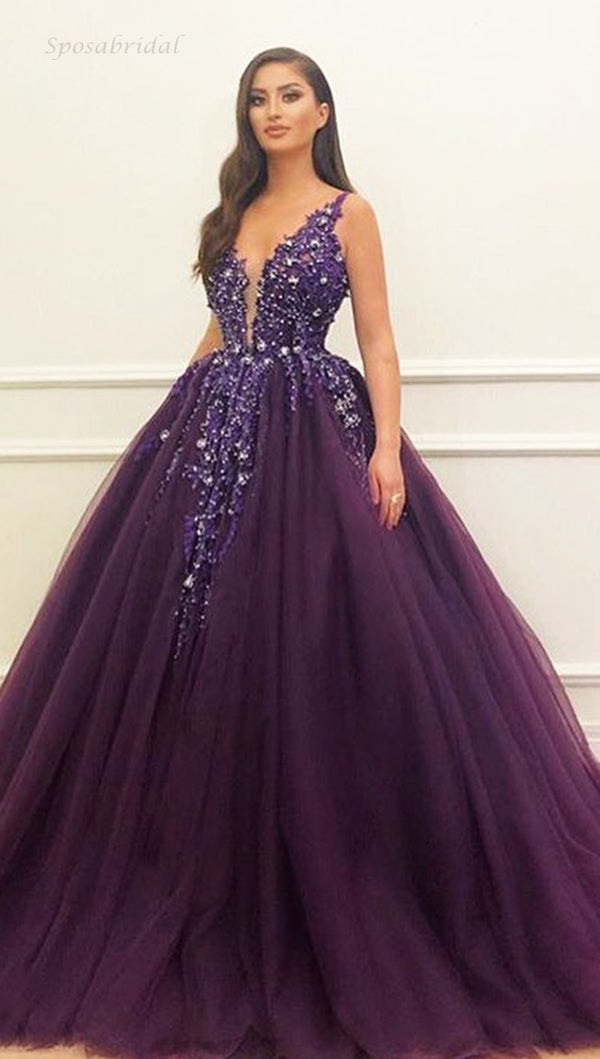 Charming Purple Tulle Sparkly Long Modest Prom Dresses, Ball Gown PD21 SposaBridal Charming Purple Tulle Sparkly Long Modest Prom Dresses, Ball Gown PD21 SposaBridal