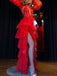 Charming Red Fashion Lantern Sleeve High Fork Tulle Long Prom Dresses PD1956